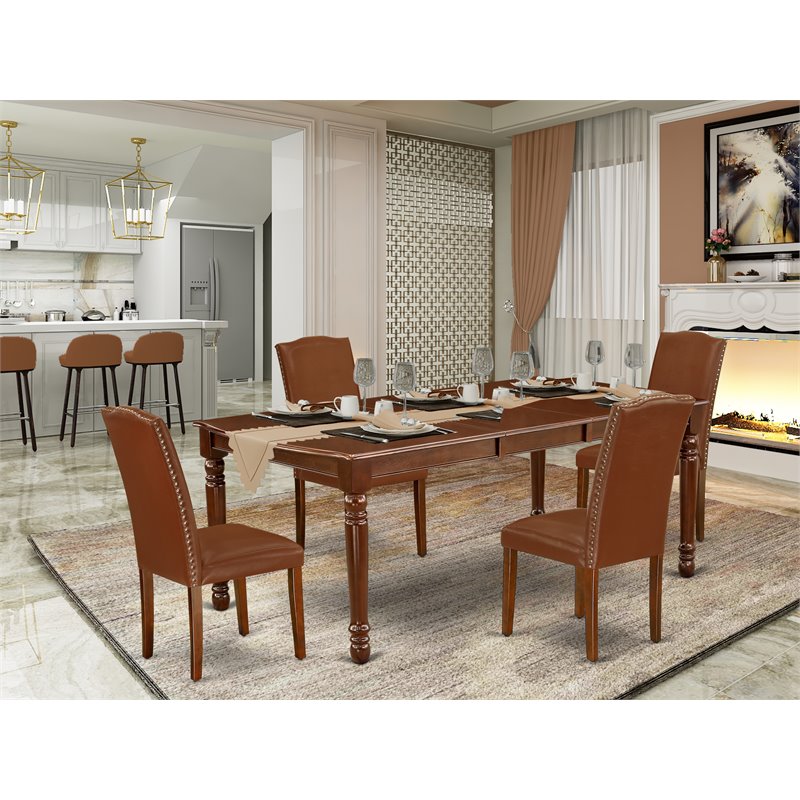Pemberly Row 5-Piece Wood Dining Set in Mahogany with Brown Parson Chairs