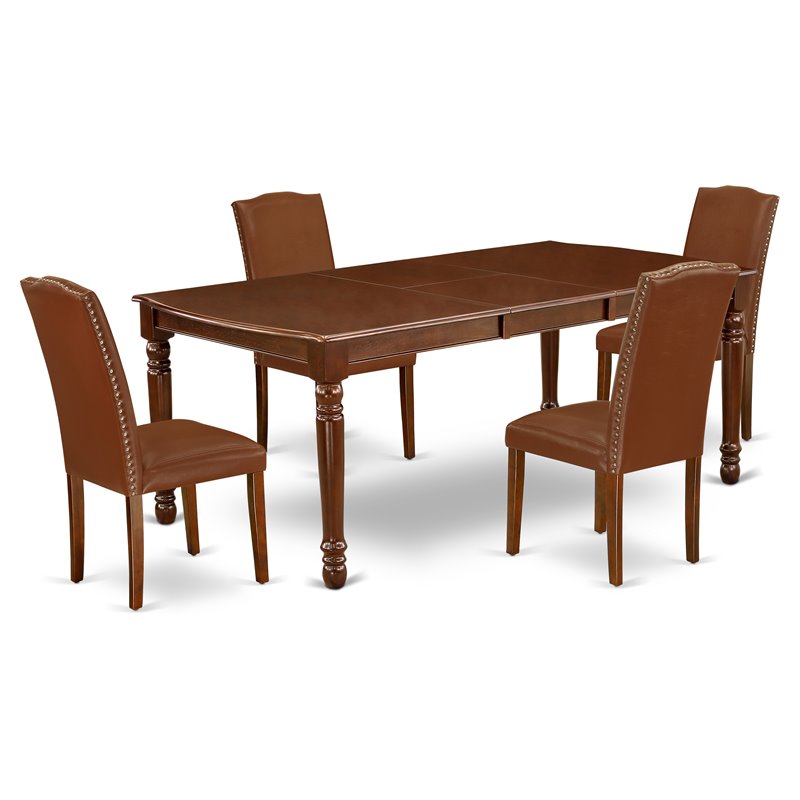 Pemberly Row 5-Piece Wood Dining Set in Mahogany with Brown Parson Chairs