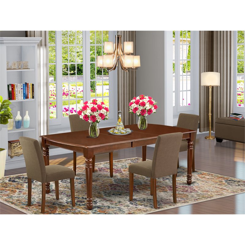 Pemberly Row 5-Piece Wood Dining Set in Mahogany with Coffee Linen Chairs
