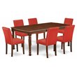 Pemberly Row 7-Piece Dining Set in Mahogany with Firebrick Red Chairs