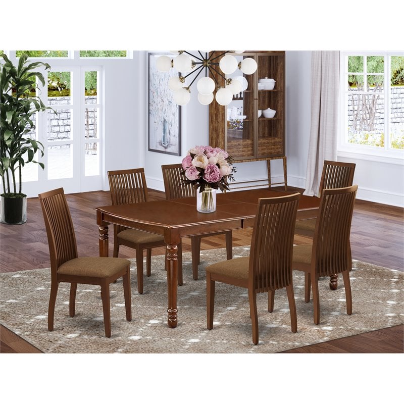 Pemberly Row 7-Piece Mahogany Wood Dining Set with Linen Seat Chairs