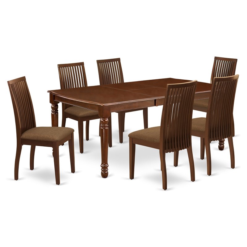 Pemberly Row 7-Piece Mahogany Wood Dining Set with Linen Seat Chairs