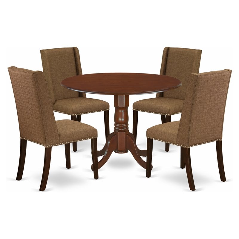 Pemberly Row 5-Piece Wood Dining Set in Mahogany Finish with Beige Cushions