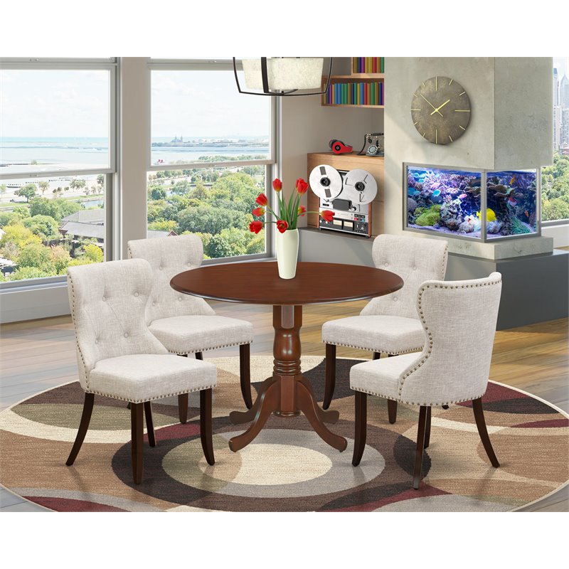 Pemberly Row 5-Piece Wood Dining Table Set with Linen Chairs in Mahogany