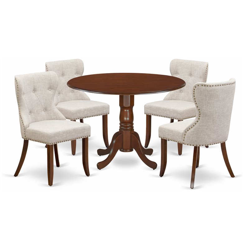 Pemberly Row 5-Piece Wood Dining Table Set with Linen Chairs in Mahogany