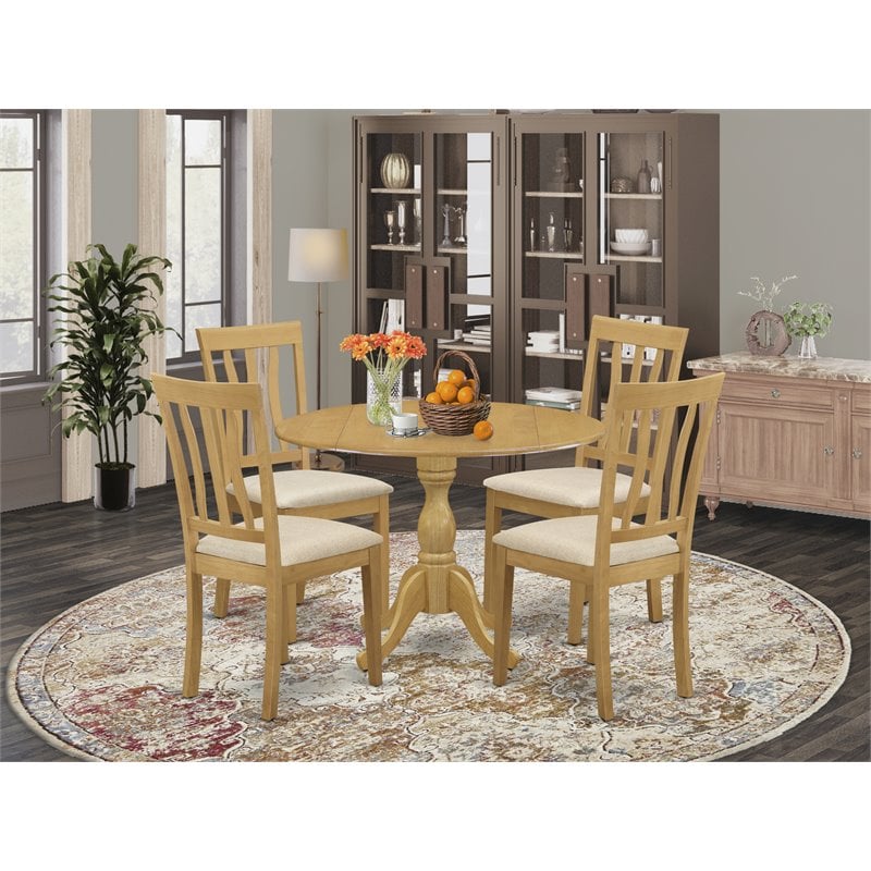 Pemberly Row 5-Piece Wood Dining Set with Drop Leaf Round Table in Oak