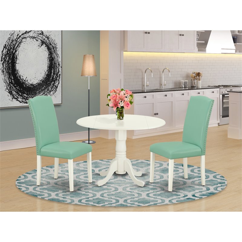 Pemberly Row 3-Piece Wood Dining Set in Linen White/Pond w/ Round Table