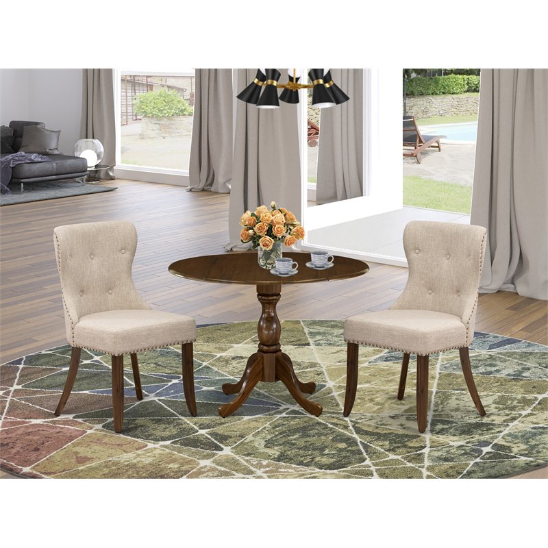 Pemberly Row 3-Piece Dining Set in Walnut & Tufted Light Tan Chairs