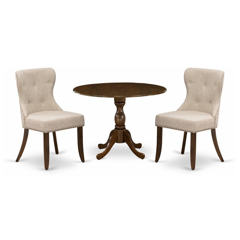Pemberly Row 3-Piece Dining Set in Walnut & Tufted Light Tan Chairs