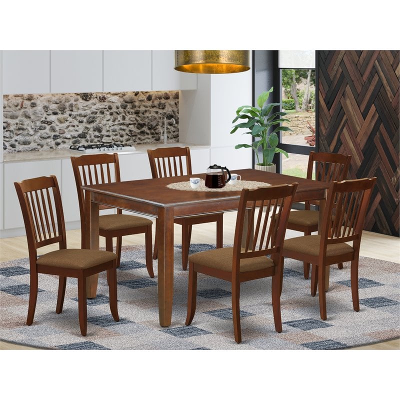 Pemberly Row 7-Piece Wood Dining Set with Linen Chairs in Mahogany