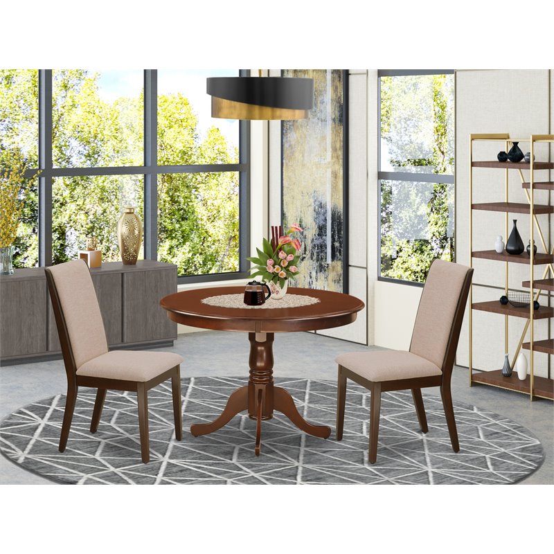 Pemberly Row 3-Piece Dining Set with Linen Upholstered Chairs in Mahogany