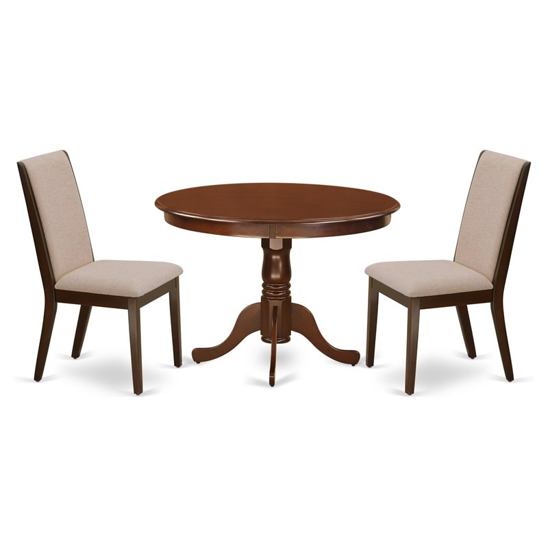 Pemberly Row 3-Piece Dining Set with Linen Upholstered Chairs in Mahogany