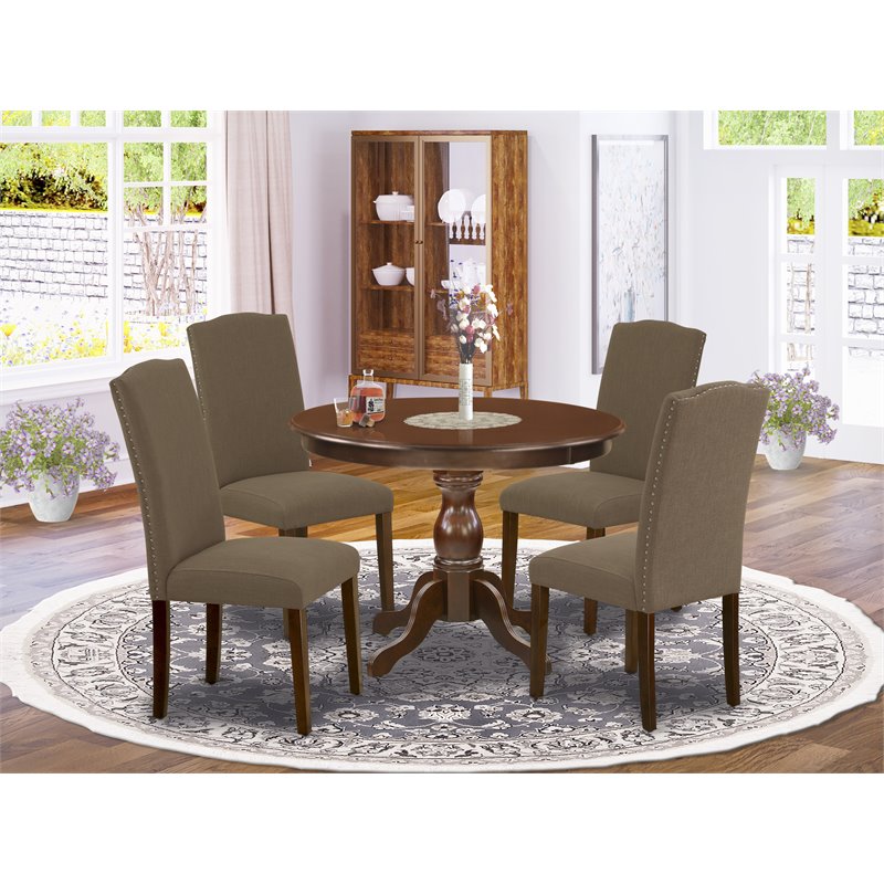Pemberly Row 5-Piece Dining Set in Mahogany with Button Tufted Chairs