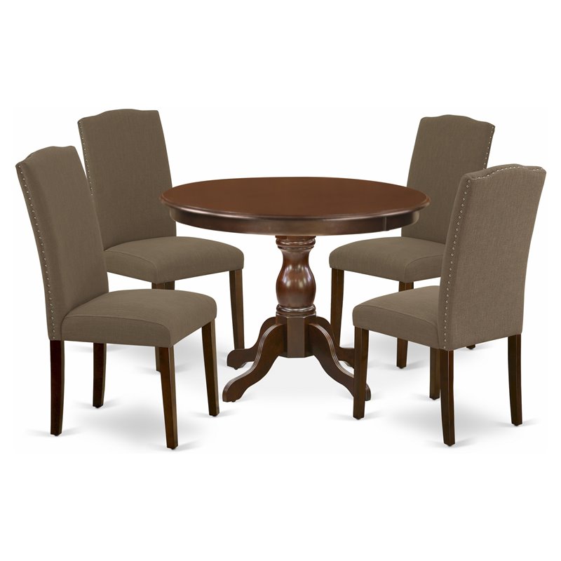 Pemberly Row 5-Piece Dining Set in Mahogany with Button Tufted Chairs