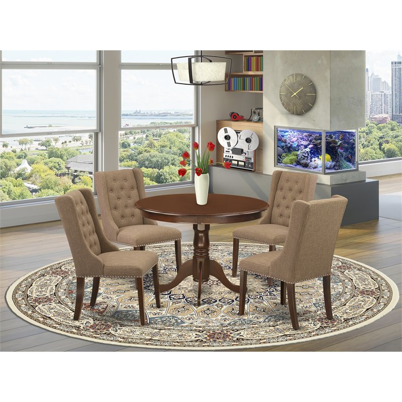Pemberly Row 5-Piece Mahogany Dining Set with Sable Linen Upholstery