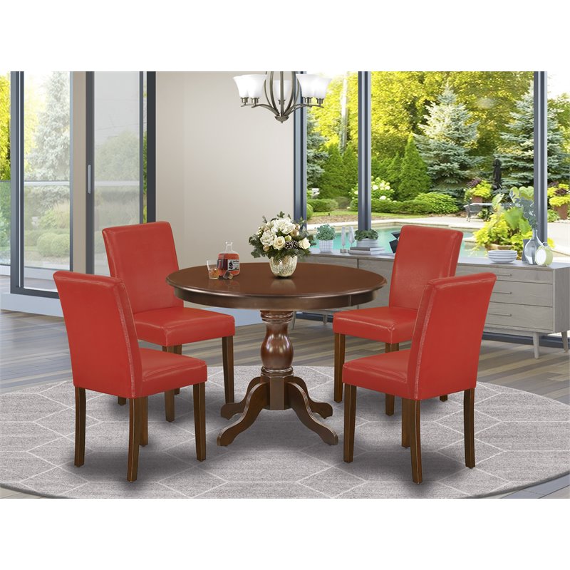 Pemberly Row 5-Piece Wood Dining Set with Mahogany Table & Red Chairs