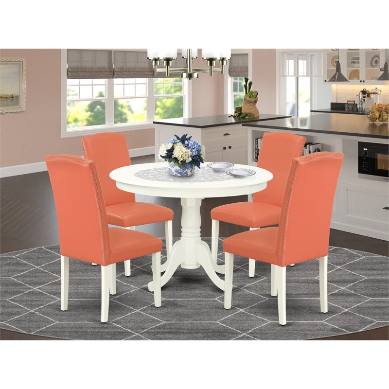 Pemberly Row 5-Piece Round Dining Table Set with Pink Parsons Chairs