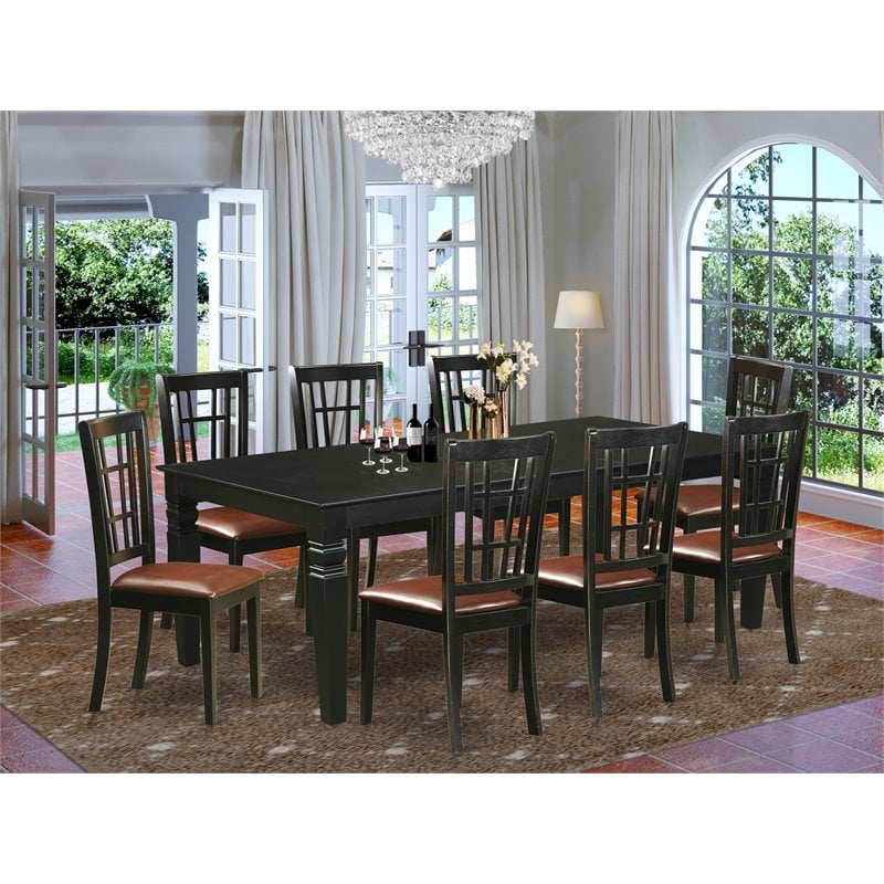 Pemberly Row 9-Piece Wood Dining Set in Black with Faux Leather Chairs