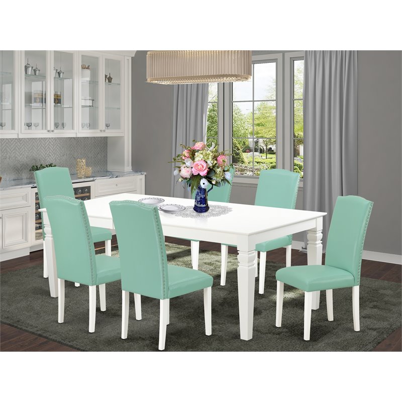 Pemberly Row 7-Piece Wood Dining Set with Parson Chairs in Linen White/Pond