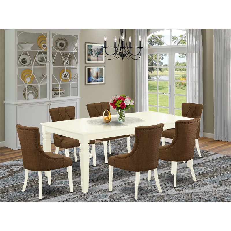 Pemberly Row 7-Piece Dining Set with Leaf in Linen White/Dark Coffee