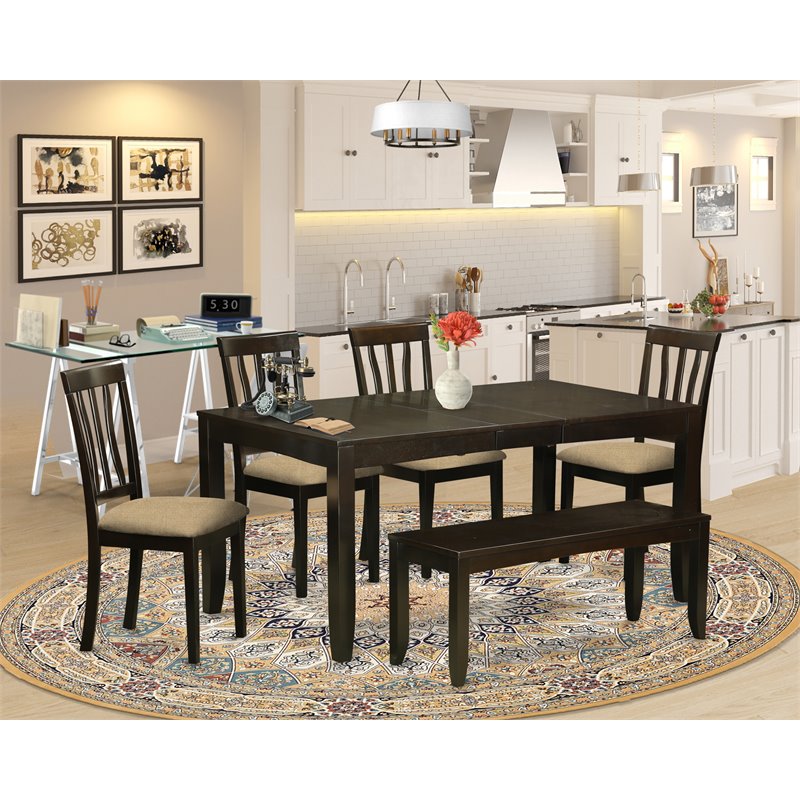 Pemberly Row 6-Piece Wooden Dining Set with Bench in Cappuccino Finish