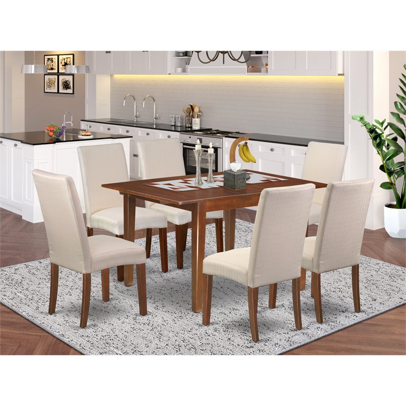 Pemberly Row 7-Piece Wood Dining Set in Mahogany Finish with Cream Chairs