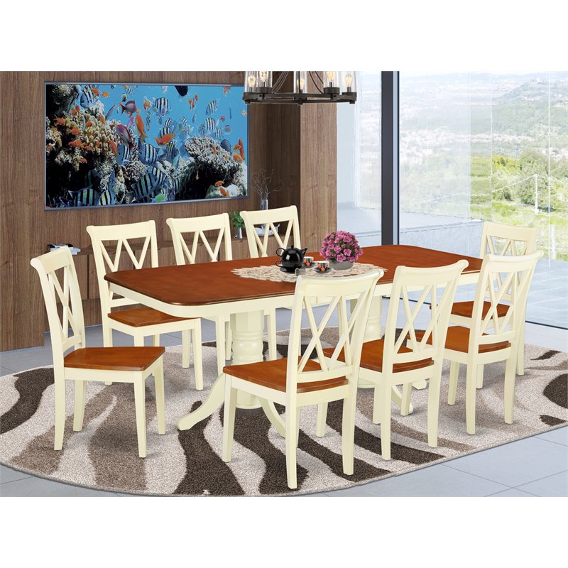 Pemberly Row 9-Piece Dining Set with X Back Chairs in Buttermilk/Cherry