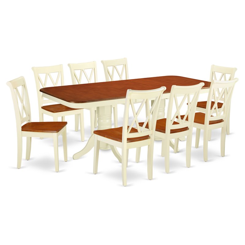 Pemberly Row 9-Piece Dining Set with X Back Chairs in Buttermilk/Cherry