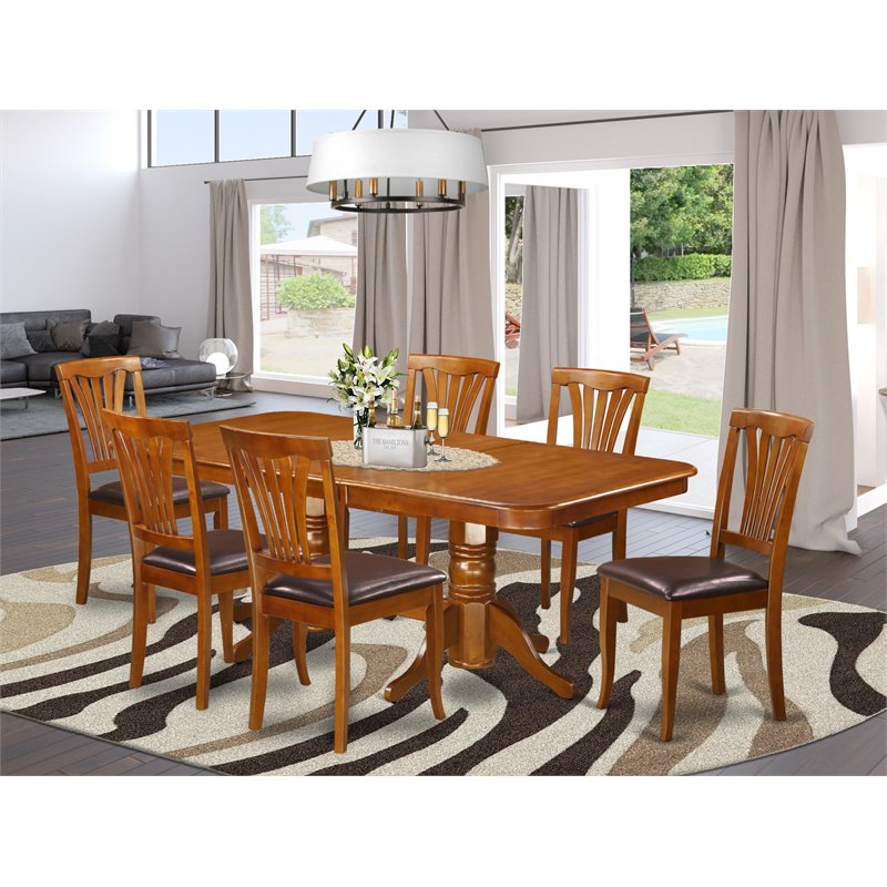 Pemberly Row 7-Piece Dining Set with Ladder Back Chairs in Saddle Brown