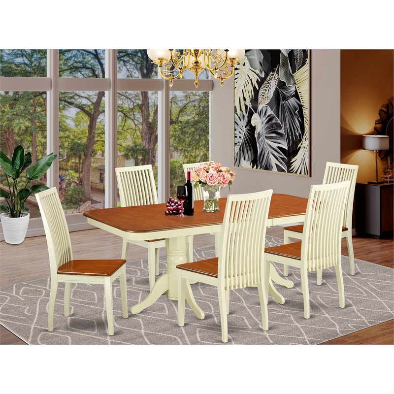 Pemberly Row 7-Piece Dining Set Wood Buttermilk Cherry Expandable Table