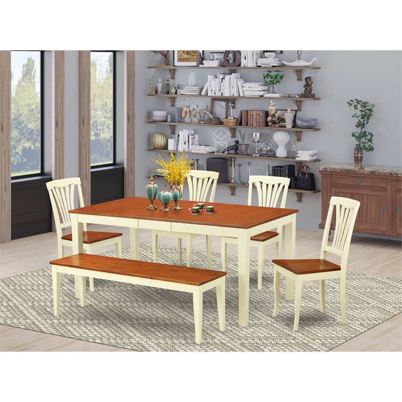 Pemberly Row 6-Piece Dining Set with Bench in Buttermilk & Cherry Finish