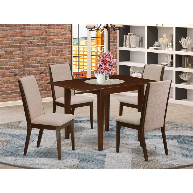 Pemberly Row 5-Piece Dining Table Set with Mahogany Finish & Linen Chairs