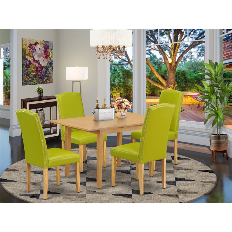 Pemberly Row 5-Piece Dining Set in Oak and Autumn Green with Parson Chairs