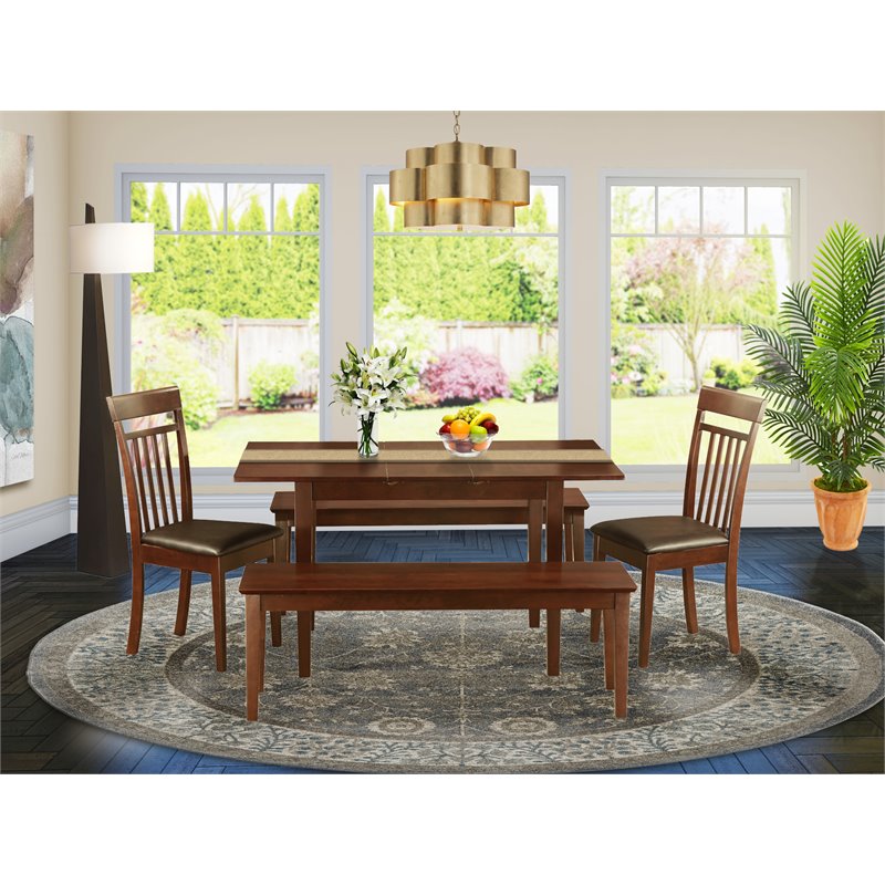 Pemberly Row 5-Piece Wood Dining Set with 2 Benches in Mahogany Finish