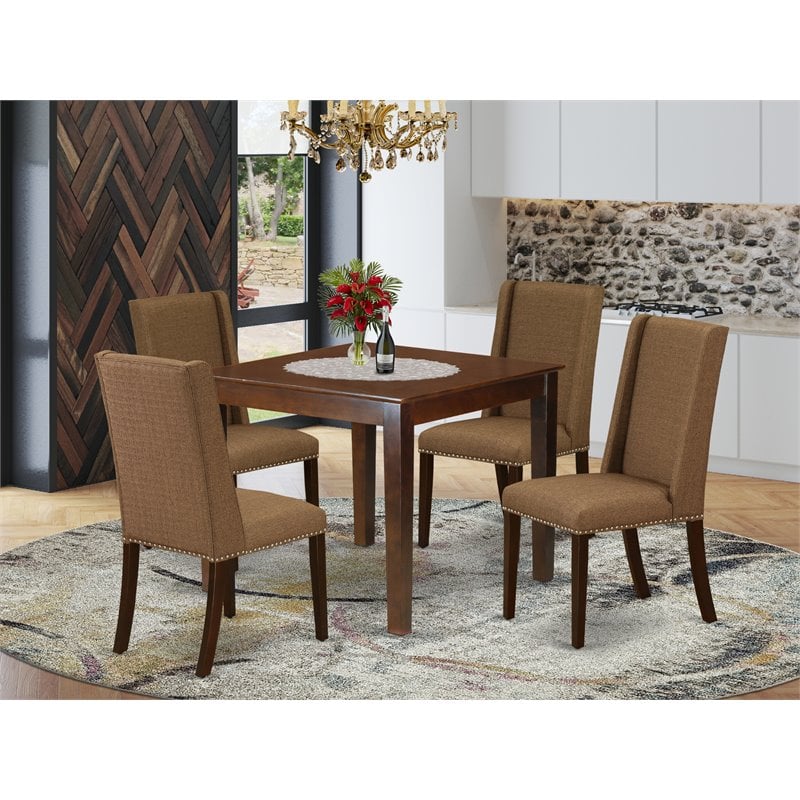 Pemberly Row 5-Piece Wood Dining Set in Mahogany and Beige Linen