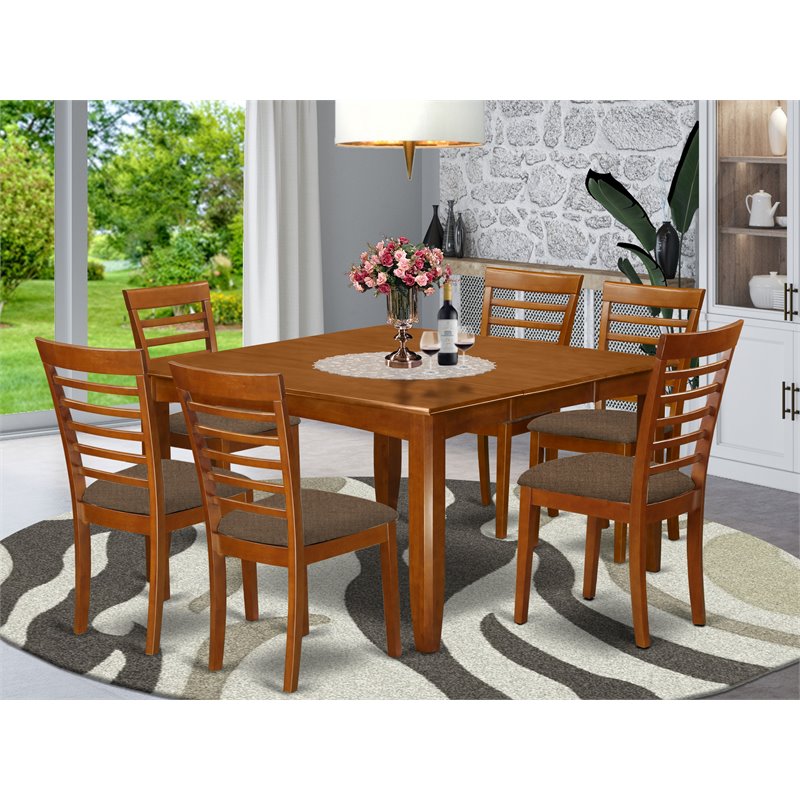 Pemberly Row 7-Piece Dining Set with Fabric Chairs in Saddle Brown