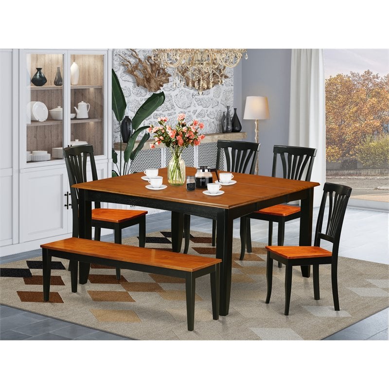 Pemberly Row 6-Piece Wood Dining Room Set with Bench in Black and Cherry