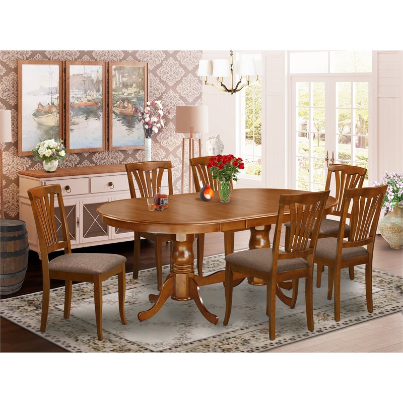 Pemberly Row 7-Piece Rubberwood Dining Set with Linen Seats in Saddle Brown