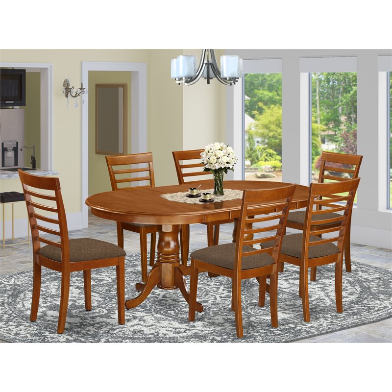 Pemberly Row 7-Piece Wood Dining Set with Fabric Seat in Saddle Brown