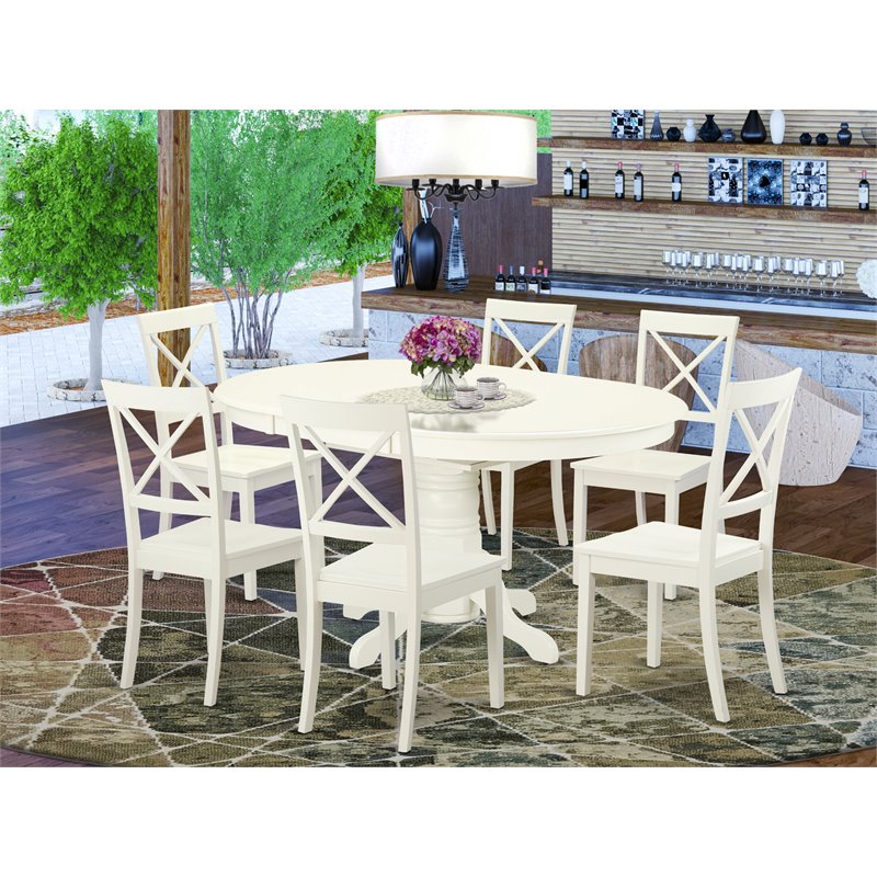 Pemberly Row 7-Piece Wood Kitchen Set with Cross-Back Chairs in Linen White