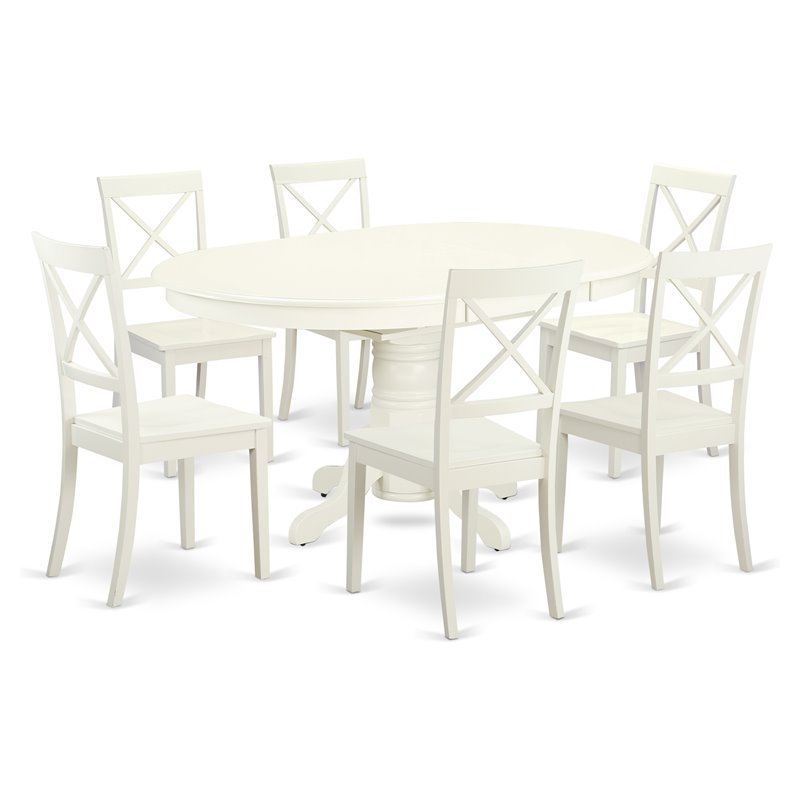 Pemberly Row 7-Piece Wood Kitchen Set with Cross-Back Chairs in Linen White