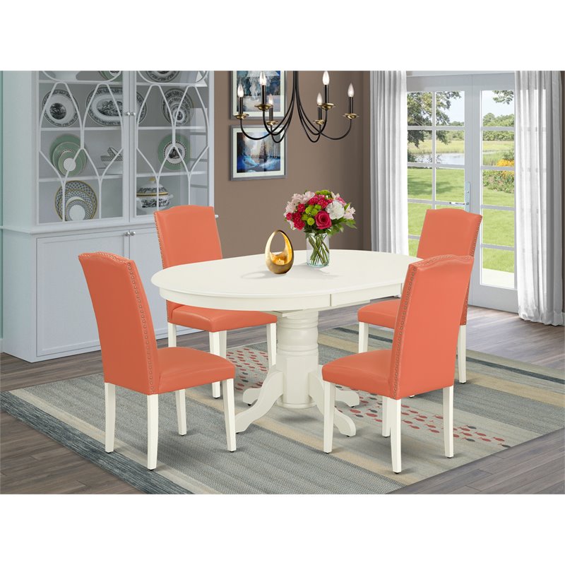 Pemberly Row 5-Piece Oval Wood Dinette Set in Linen White and Pink Flamingo