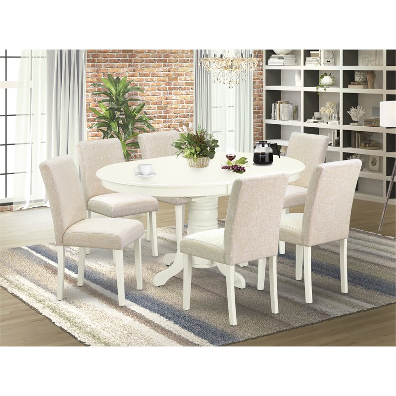 Pemberly Row 7-Piece Wood Dining Set with Fabric Seats in Linen White