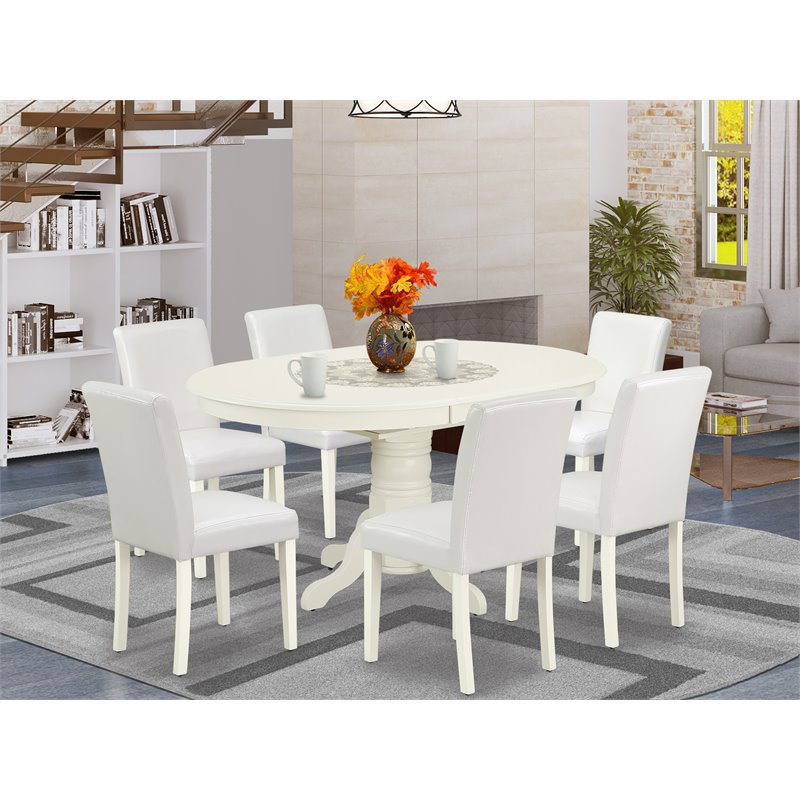 Pemberly Row 7-Piece Wood Dining Set with Leather Seats in Linen White