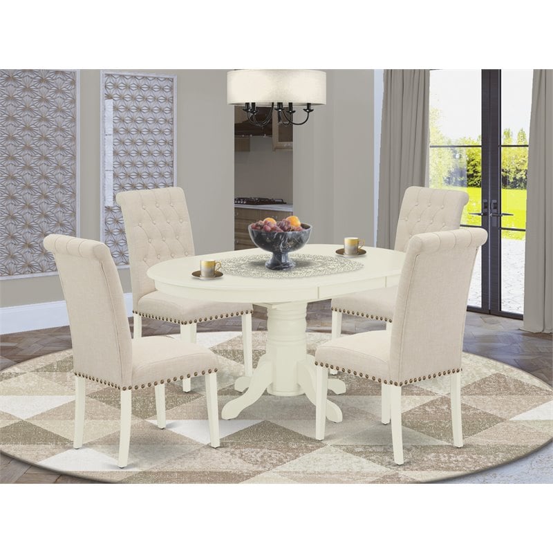 Pemberly Row 5-Piece Wood Dining Set with Light Beige Linen Upholstery