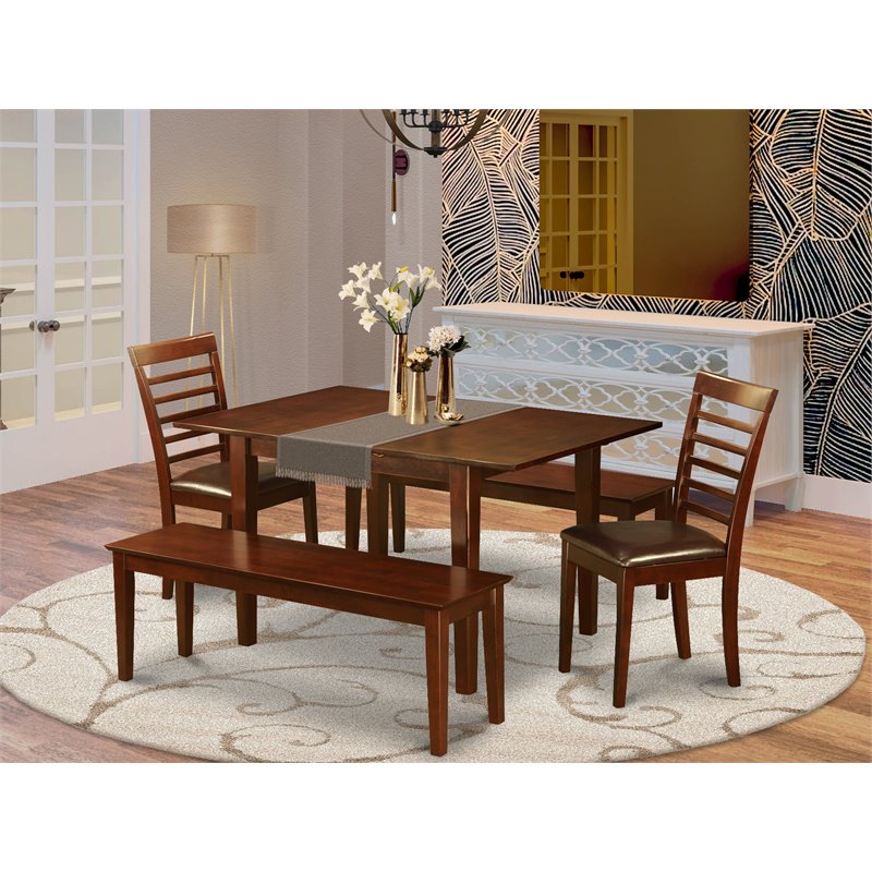 Pemberly Row 5-Piece Wood Dining Set + 2 Benches in Mahogany & Faux Leather