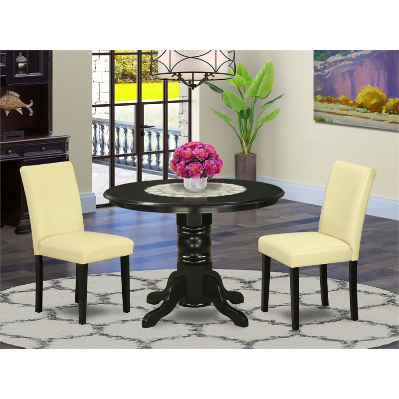 Pemberly Row 3-Piece Wood Dining Set with PU Leather Chairs in Black/Eggnog