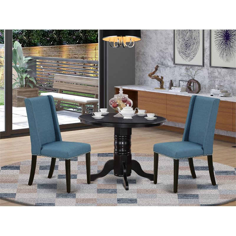 Pemberly Row 3-Piece Wood Dining Set in Black with Fabric Chairs