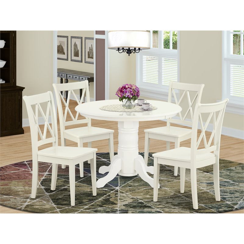Pemberly Row 5-Piece Asian Wood Dining Set with Round Table in Linen White
