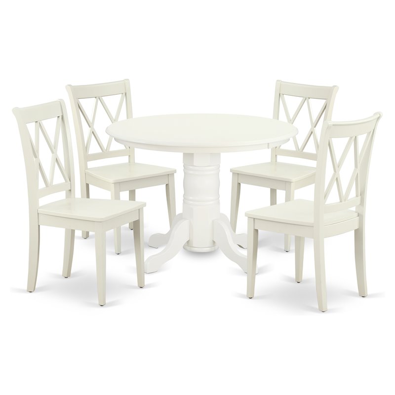 Pemberly Row 5-Piece Asian Wood Dining Set with Round Table in Linen White
